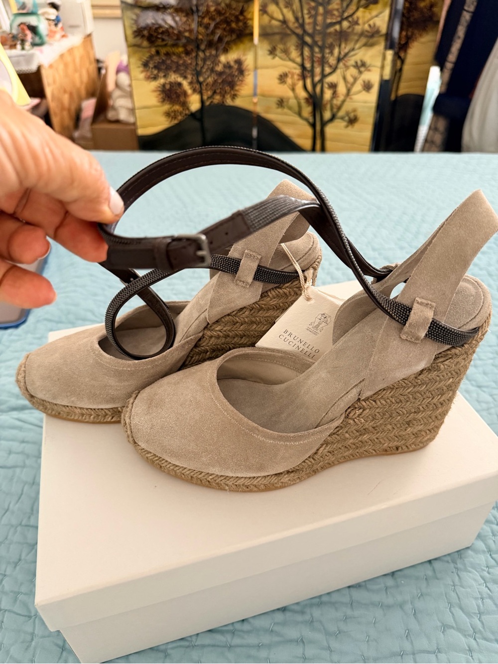 Brunello Cucinelli Taupe Suede Espadrille Wedge Sandals with Dark Brown Straps - Picture 2 of 7